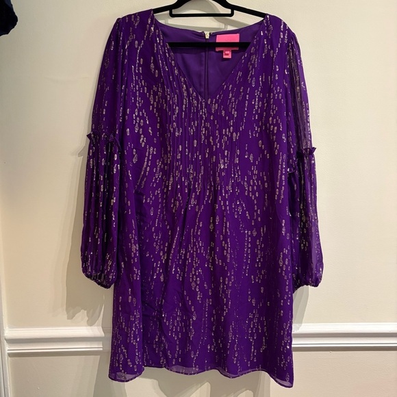 Lilly Pulitzer Cleme Silk Dress Purple Berry Fish Clip Chiffon Size 14 - Picture 5 of 11